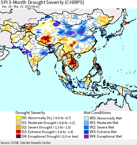Asia SPI 3-Month Drought Severity (CHIRPS) Thematic Map For 12/26/2023 - 3/25/2024