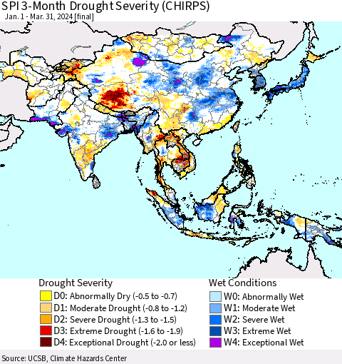 Asia SPI 3-Month Drought Severity (CHIRPS) Thematic Map For 1/1/2024 - 3/31/2024