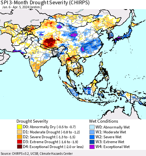 Asia SPI 3-Month Drought Severity (CHIRPS) Thematic Map For 1/6/2024 - 4/5/2024
