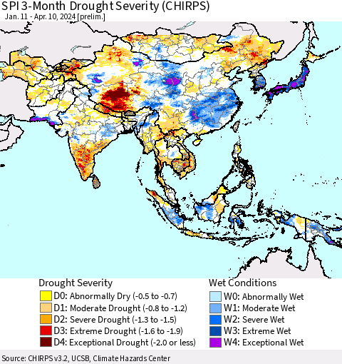 Asia SPI 3-Month Drought Severity (CHIRPS) Thematic Map For 1/11/2024 - 4/10/2024