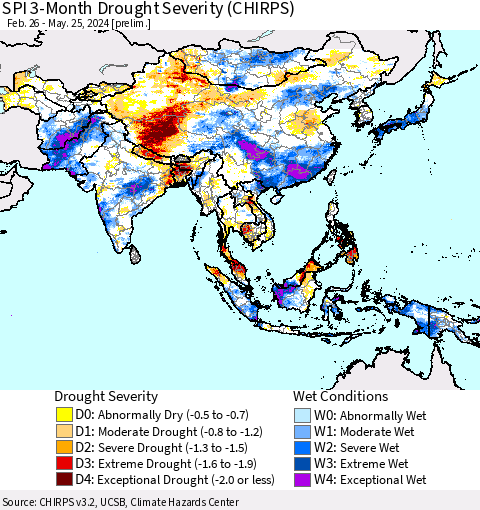 Asia SPI 3-Month Drought Severity (CHIRPS) Thematic Map For 2/26/2024 - 5/25/2024