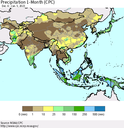 Asia Precipitation 1-Month (CPC) Thematic Map For 12/6/2022 - 1/5/2023