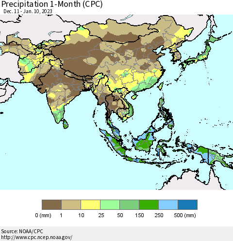 Asia Precipitation 1-Month (CPC) Thematic Map For 12/11/2022 - 1/10/2023