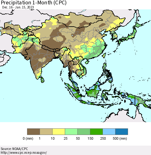 Asia Precipitation 1-Month (CPC) Thematic Map For 12/16/2022 - 1/15/2023