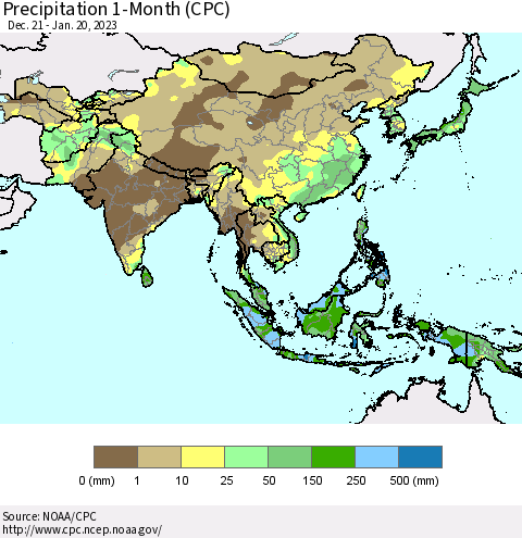 Asia Precipitation 1-Month (CPC) Thematic Map For 12/21/2022 - 1/20/2023