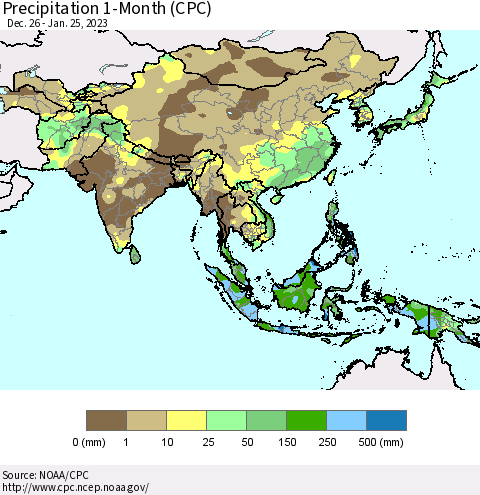 Asia Precipitation 1-Month (CPC) Thematic Map For 12/26/2022 - 1/25/2023