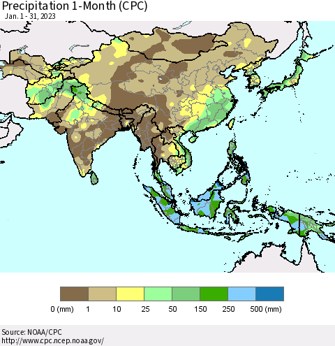 Asia Precipitation 1-Month (CPC) Thematic Map For 1/1/2023 - 1/31/2023