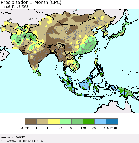 Asia Precipitation 1-Month (CPC) Thematic Map For 1/6/2023 - 2/5/2023