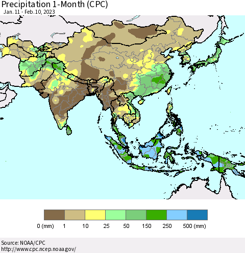Asia Precipitation 1-Month (CPC) Thematic Map For 1/11/2023 - 2/10/2023