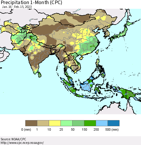 Asia Precipitation 1-Month (CPC) Thematic Map For 1/16/2023 - 2/15/2023