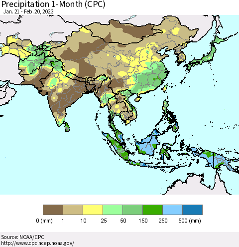 Asia Precipitation 1-Month (CPC) Thematic Map For 1/21/2023 - 2/20/2023