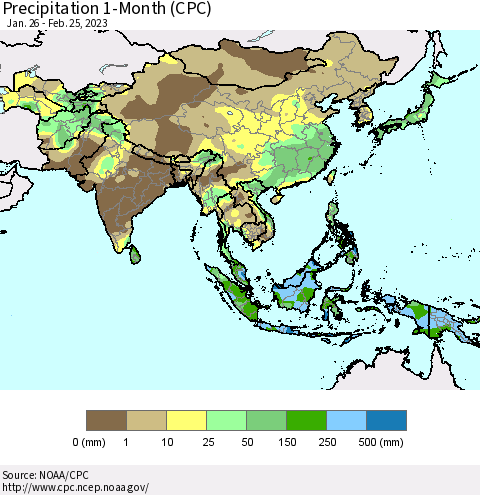 Asia Precipitation 1-Month (CPC) Thematic Map For 1/26/2023 - 2/25/2023