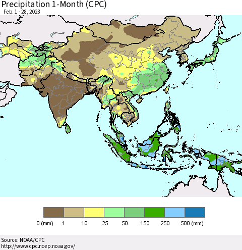 Asia Precipitation 1-Month (CPC) Thematic Map For 2/1/2023 - 2/28/2023