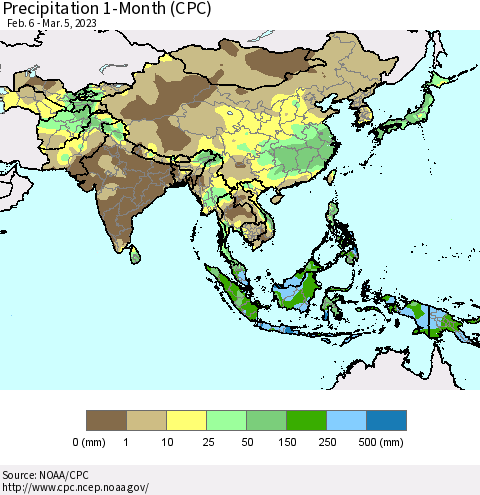 Asia Precipitation 1-Month (CPC) Thematic Map For 2/6/2023 - 3/5/2023