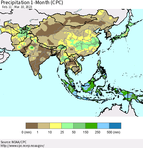 Asia Precipitation 1-Month (CPC) Thematic Map For 2/11/2023 - 3/10/2023