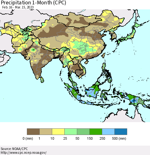 Asia Precipitation 1-Month (CPC) Thematic Map For 2/16/2023 - 3/15/2023
