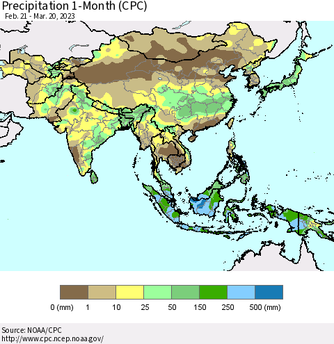 Asia Precipitation 1-Month (CPC) Thematic Map For 2/21/2023 - 3/20/2023