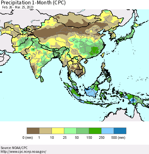 Asia Precipitation 1-Month (CPC) Thematic Map For 2/26/2023 - 3/25/2023
