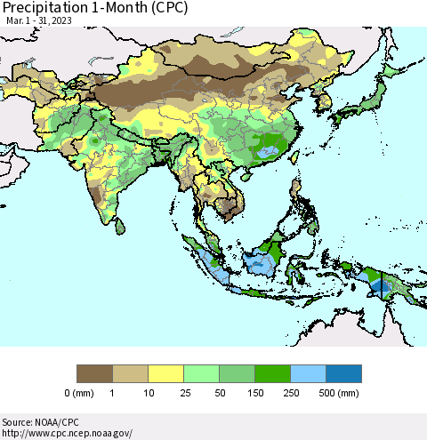 Asia Precipitation 1-Month (CPC) Thematic Map For 3/1/2023 - 3/31/2023