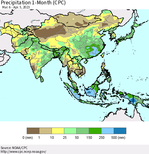 Asia Precipitation 1-Month (CPC) Thematic Map For 3/6/2023 - 4/5/2023