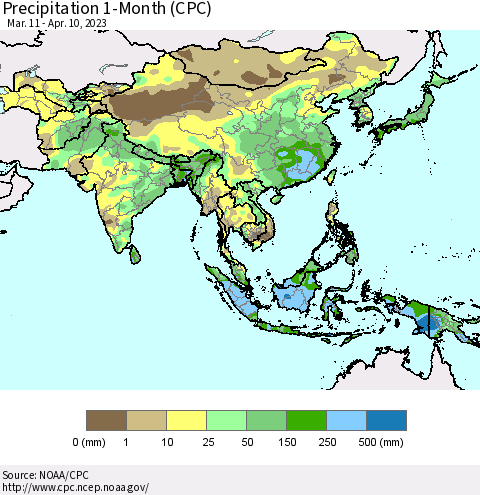Asia Precipitation 1-Month (CPC) Thematic Map For 3/11/2023 - 4/10/2023