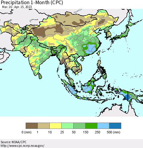 Asia Precipitation 1-Month (CPC) Thematic Map For 3/16/2023 - 4/15/2023