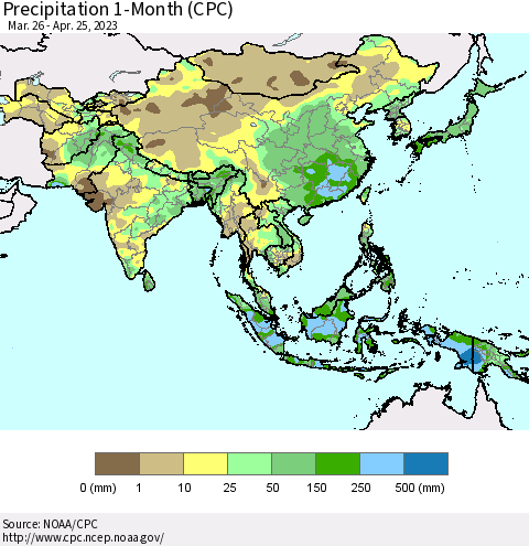 Asia Precipitation 1-Month (CPC) Thematic Map For 3/26/2023 - 4/25/2023