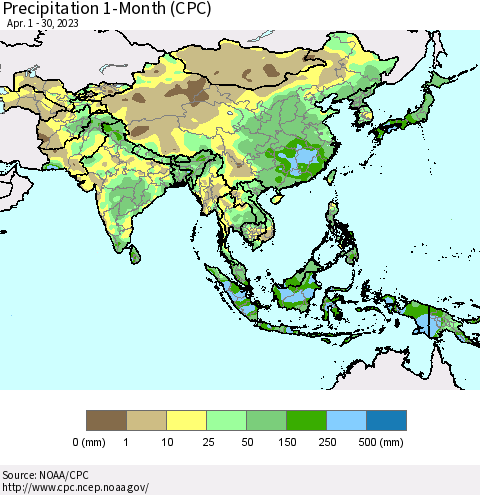 Asia Precipitation 1-Month (CPC) Thematic Map For 4/1/2023 - 4/30/2023