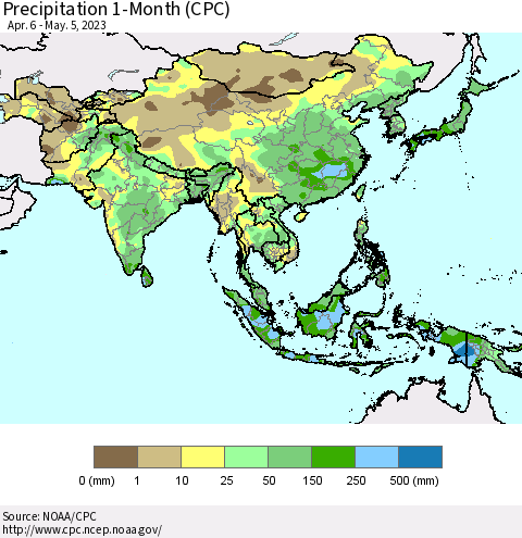 Asia Precipitation 1-Month (CPC) Thematic Map For 4/6/2023 - 5/5/2023