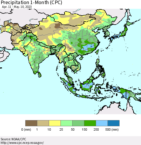 Asia Precipitation 1-Month (CPC) Thematic Map For 4/11/2023 - 5/10/2023
