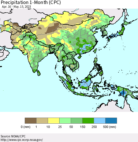 Asia Precipitation 1-Month (CPC) Thematic Map For 4/16/2023 - 5/15/2023