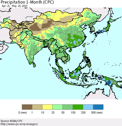 Asia Precipitation 1-Month (CPC) Thematic Map For 4/21/2023 - 5/20/2023