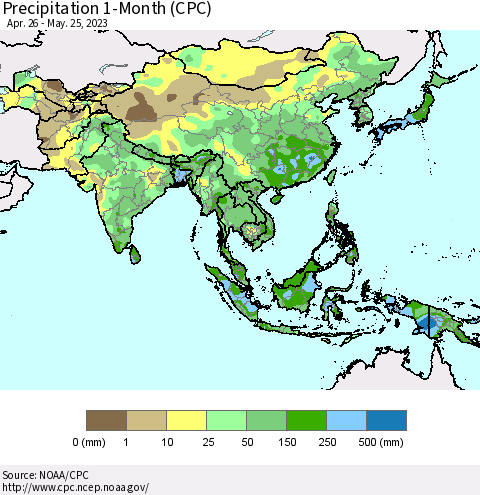 Asia Precipitation 1-Month (CPC) Thematic Map For 4/26/2023 - 5/25/2023