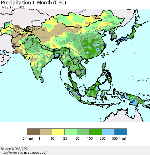Asia Precipitation 1-Month (CPC) Thematic Map For 5/1/2023 - 5/31/2023