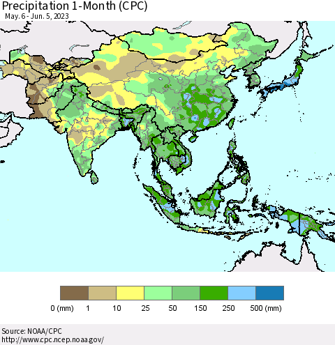 Asia Precipitation 1-Month (CPC) Thematic Map For 5/6/2023 - 6/5/2023