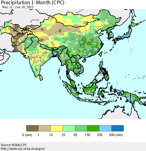Asia Precipitation 1-Month (CPC) Thematic Map For 5/11/2023 - 6/10/2023