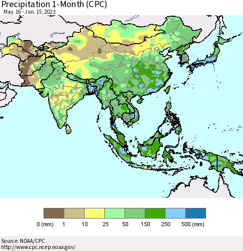 Asia Precipitation 1-Month (CPC) Thematic Map For 5/16/2023 - 6/15/2023