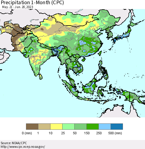 Asia Precipitation 1-Month (CPC) Thematic Map For 5/21/2023 - 6/20/2023
