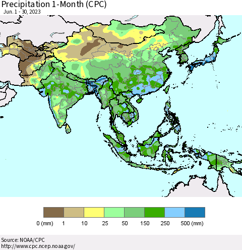 Asia Precipitation 1-Month (CPC) Thematic Map For 6/1/2023 - 6/30/2023