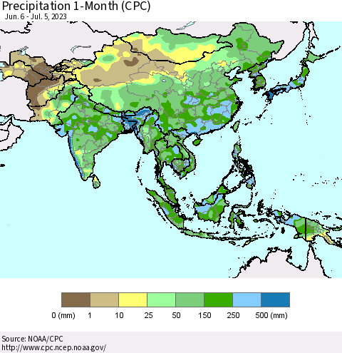 Asia Precipitation 1-Month (CPC) Thematic Map For 6/6/2023 - 7/5/2023