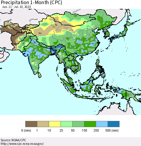 Asia Precipitation 1-Month (CPC) Thematic Map For 6/11/2023 - 7/10/2023