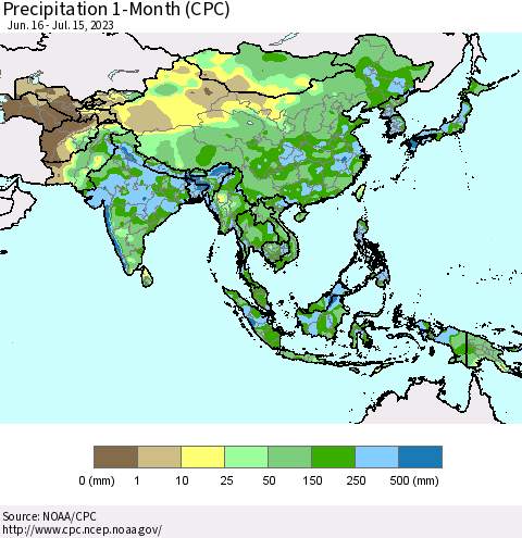 Asia Precipitation 1-Month (CPC) Thematic Map For 6/16/2023 - 7/15/2023