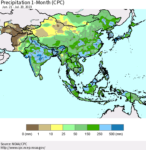 Asia Precipitation 1-Month (CPC) Thematic Map For 6/21/2023 - 7/20/2023