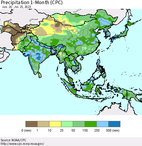 Asia Precipitation 1-Month (CPC) Thematic Map For 6/26/2023 - 7/25/2023