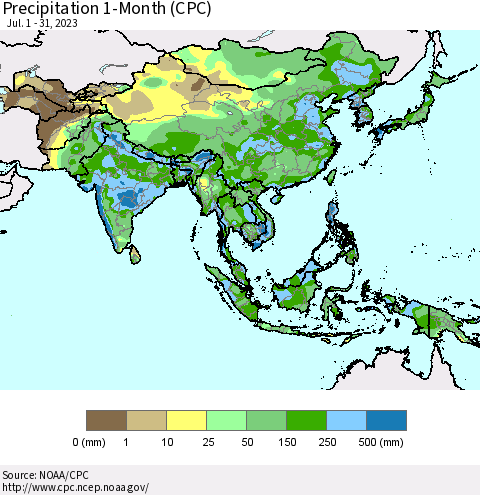 Asia Precipitation 1-Month (CPC) Thematic Map For 7/1/2023 - 7/31/2023