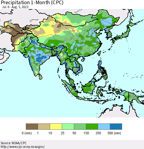 Asia Precipitation 1-Month (CPC) Thematic Map For 7/6/2023 - 8/5/2023