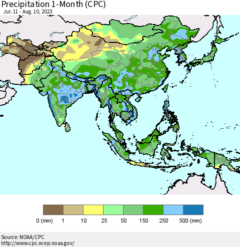Asia Precipitation 1-Month (CPC) Thematic Map For 7/11/2023 - 8/10/2023