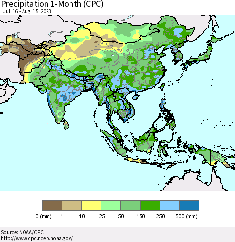 Asia Precipitation 1-Month (CPC) Thematic Map For 7/16/2023 - 8/15/2023