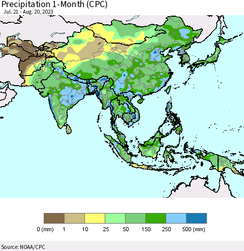 Asia Precipitation 1-Month (CPC) Thematic Map For 7/21/2023 - 8/20/2023