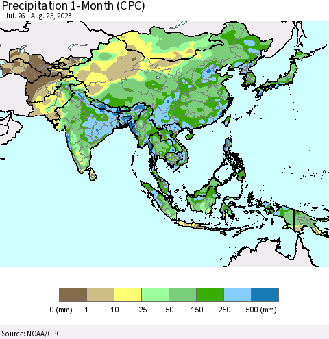 Asia Precipitation 1-Month (CPC) Thematic Map For 7/26/2023 - 8/25/2023